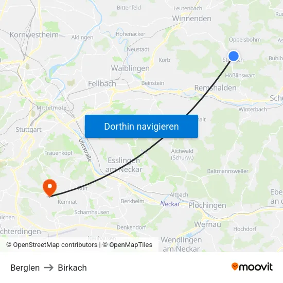 Berglen to Birkach map