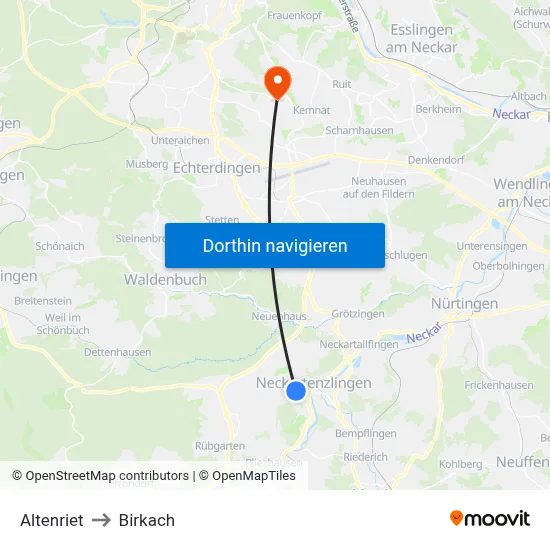 Altenriet to Birkach map