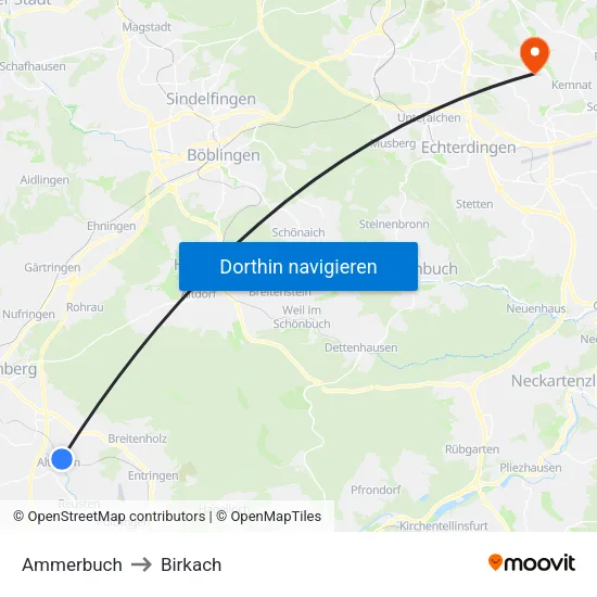 Ammerbuch to Birkach map