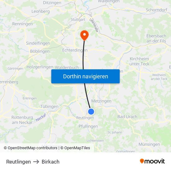 Reutlingen to Birkach map