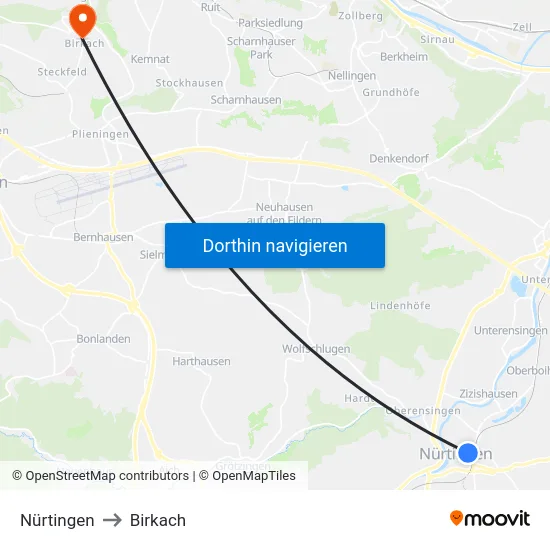 Nürtingen to Birkach map