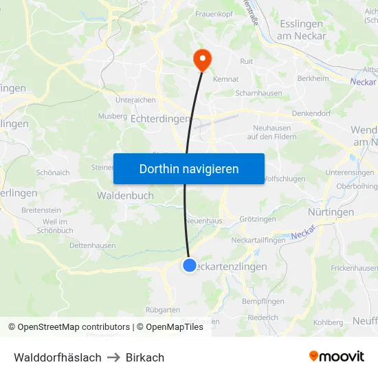 Walddorfhäslach to Birkach map