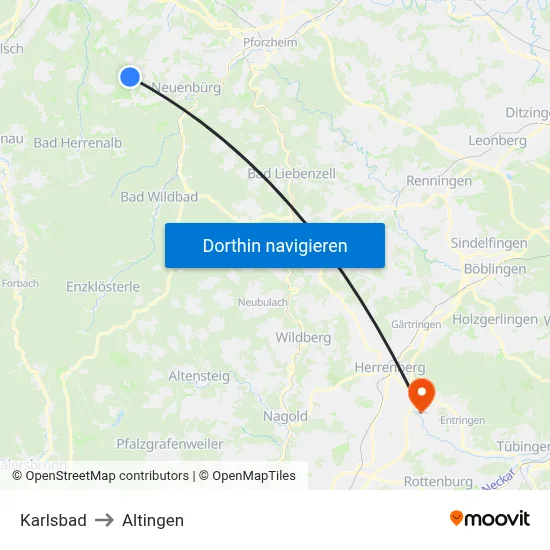 Karlsbad to Altingen map