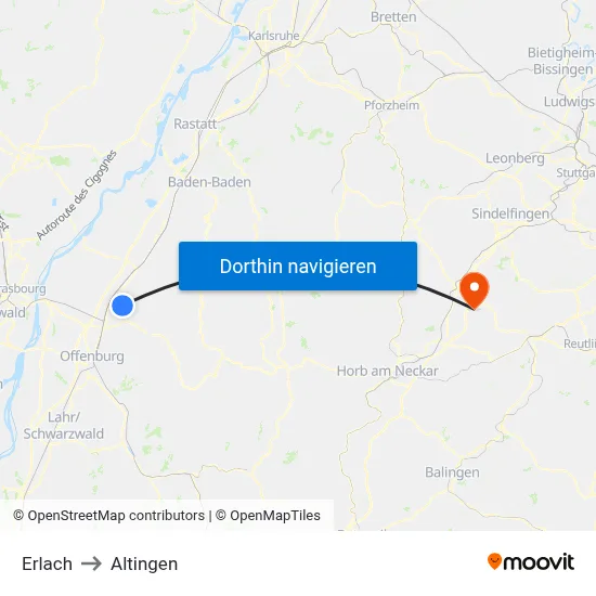Erlach to Altingen map