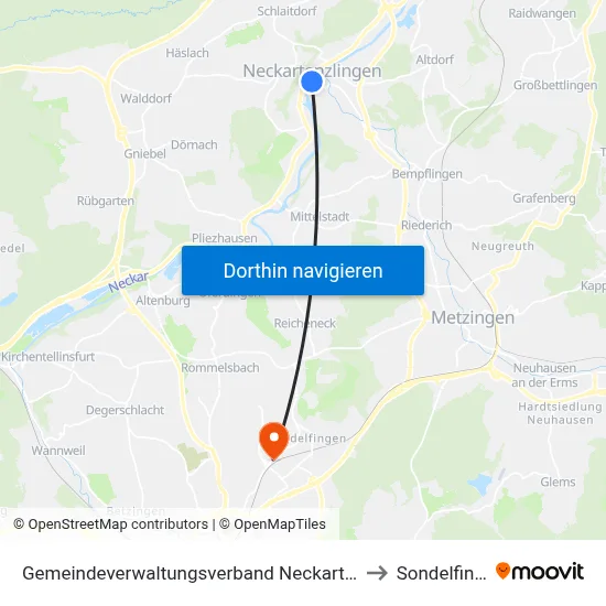 Gemeindeverwaltungsverband Neckartenzlingen to Sondelfingen map