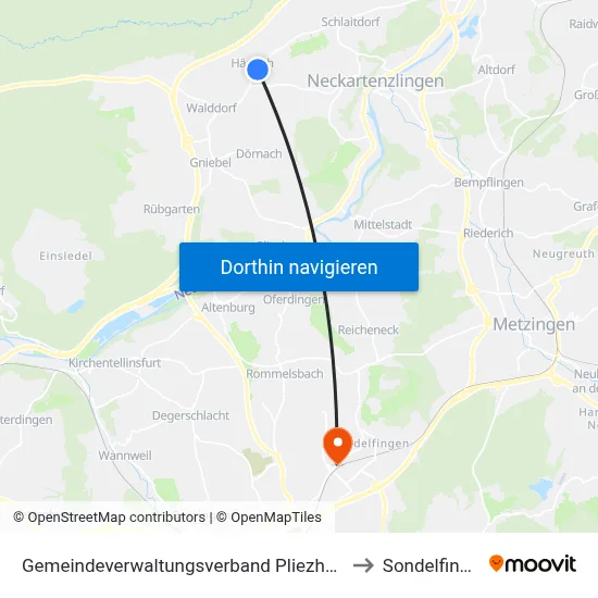 Gemeindeverwaltungsverband Pliezhausen to Sondelfingen map