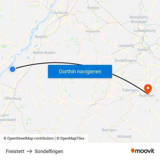 Freistett to Sondelfingen map