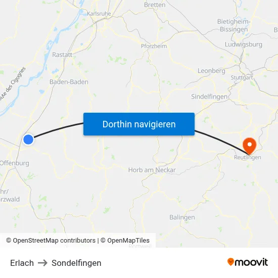 Erlach to Sondelfingen map
