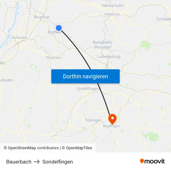 Bauerbach to Sondelfingen map