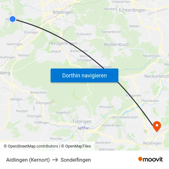Aidlingen (Kernort) to Sondelfingen map