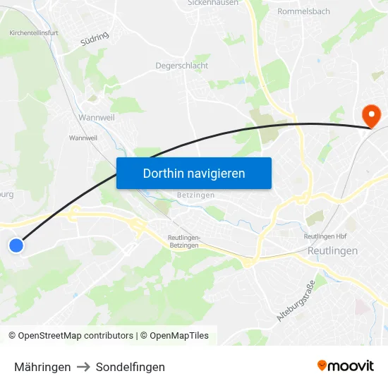 Mähringen to Sondelfingen map