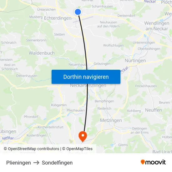 Plieningen to Sondelfingen map