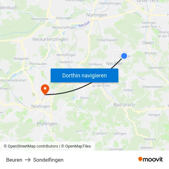 Beuren to Sondelfingen map