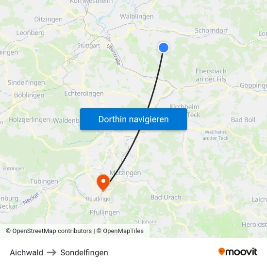Aichwald to Sondelfingen map