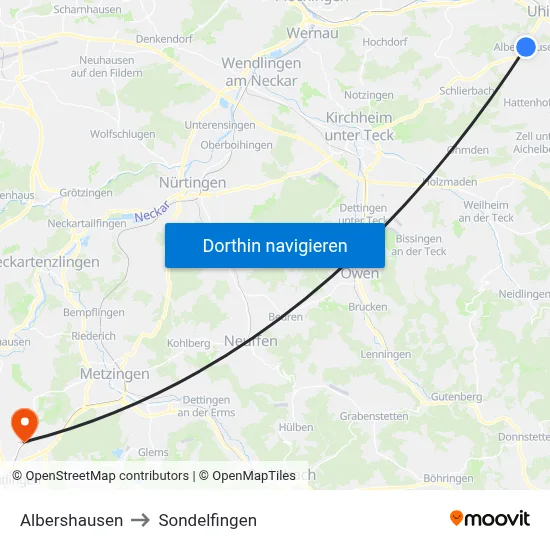 Albershausen to Sondelfingen map