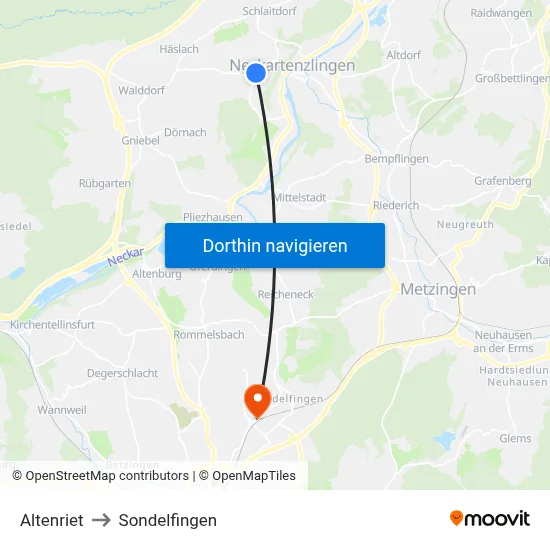 Altenriet to Sondelfingen map