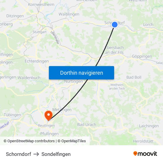 Schorndorf to Sondelfingen map