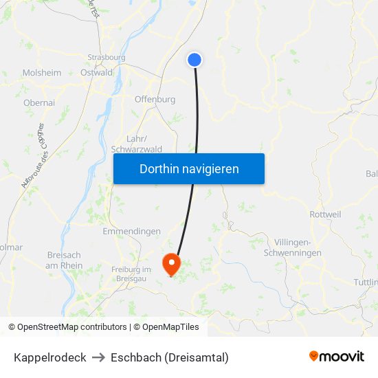 Kappelrodeck to Eschbach (Dreisamtal) map
