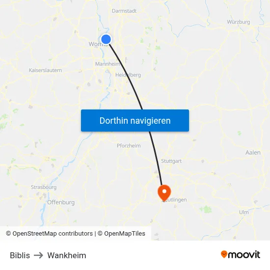 Biblis to Wankheim map