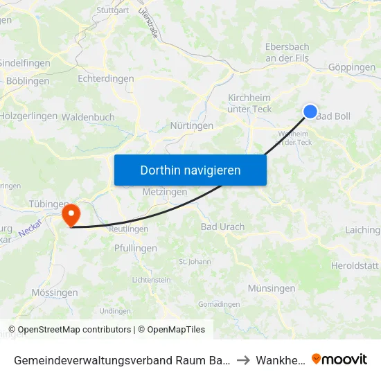 Gemeindeverwaltungsverband Raum Bad Boll to Wankheim map