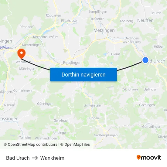 Bad Urach to Wankheim map