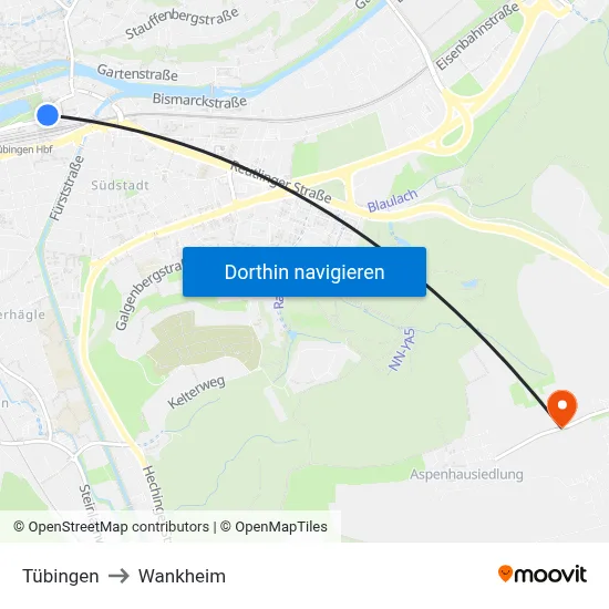 Tübingen to Wankheim map