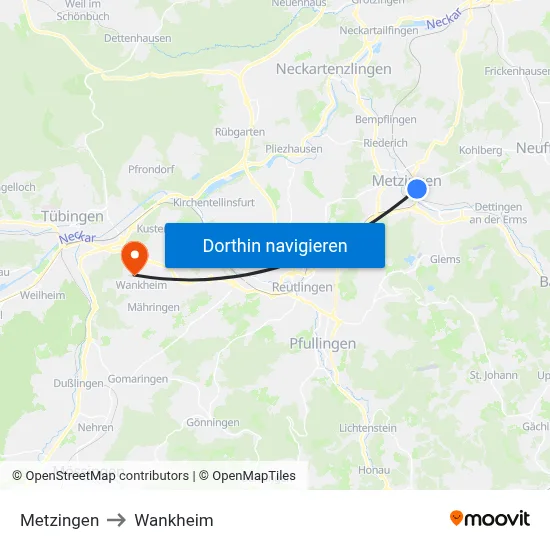 Metzingen to Wankheim map