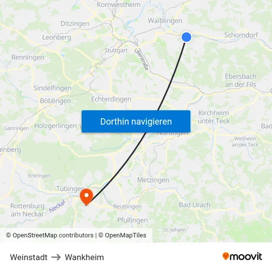 Weinstadt to Wankheim map