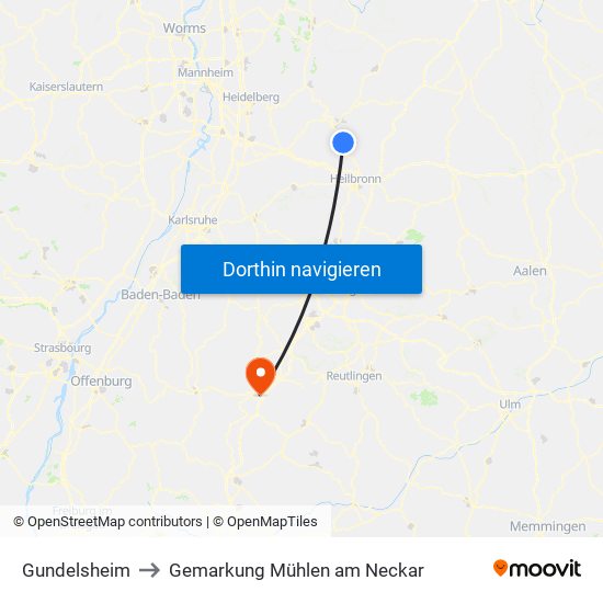 Gundelsheim to Gemarkung Mühlen am Neckar map