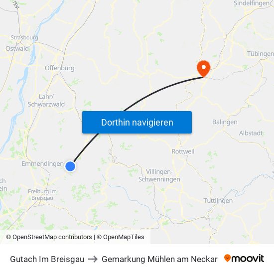 Gutach Im Breisgau to Gemarkung Mühlen am Neckar map