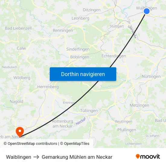 Waiblingen to Gemarkung Mühlen am Neckar map