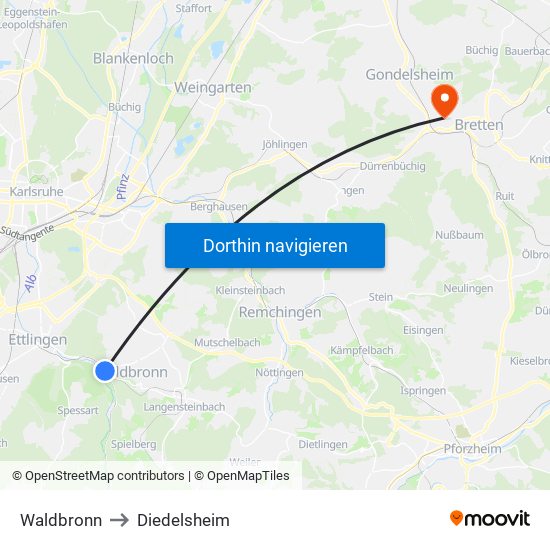 Waldbronn to Diedelsheim map