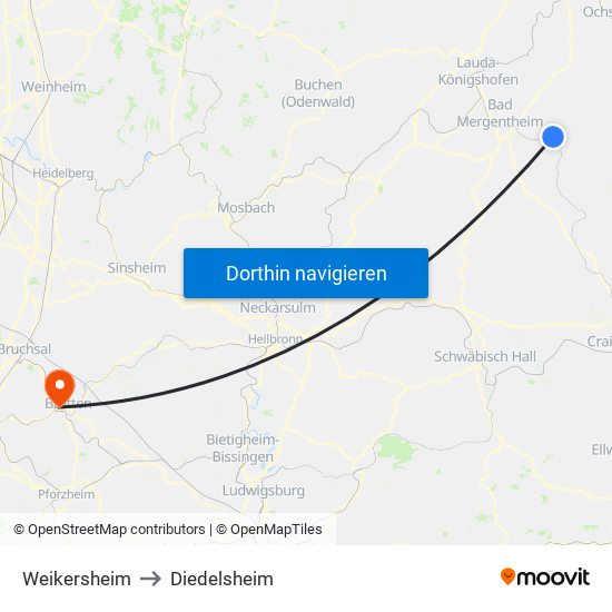 Weikersheim to Diedelsheim map