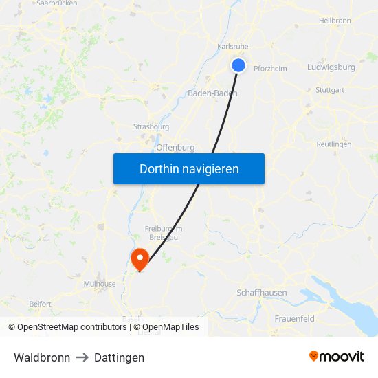 Waldbronn to Dattingen map