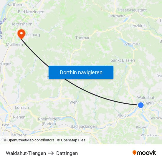 Waldshut-Tiengen to Dattingen map