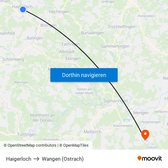 Haigerloch to Wangen (Ostrach) map