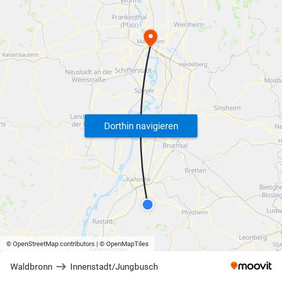 Waldbronn to Innenstadt/Jungbusch map