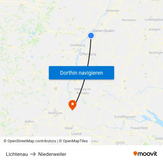 Lichtenau to Niederweiler map