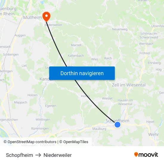 Schopfheim to Niederweiler map