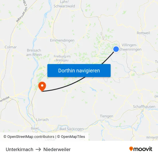 Unterkirnach to Niederweiler map
