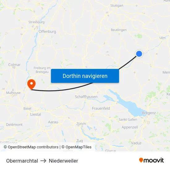 Obermarchtal to Niederweiler map