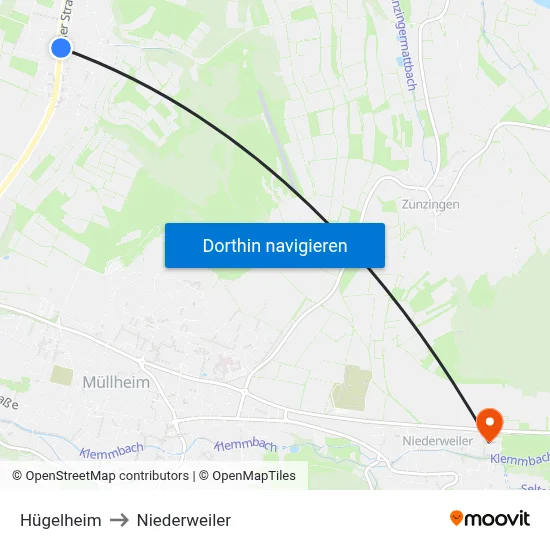 Hügelheim to Niederweiler map