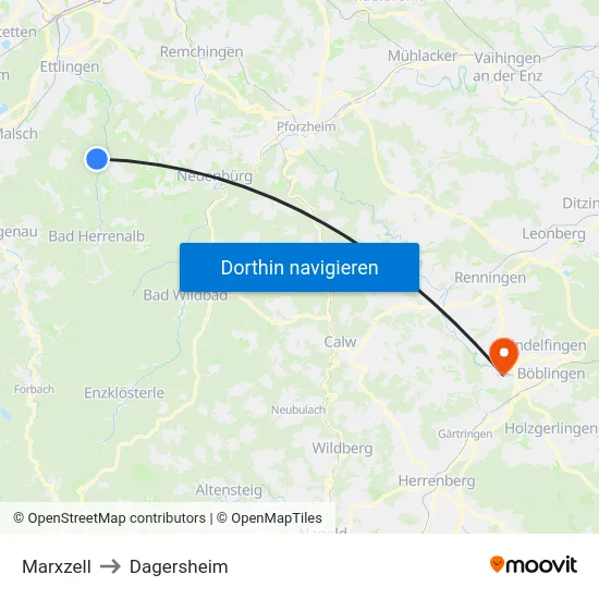 Marxzell to Dagersheim map