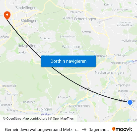 Gemeindeverwaltungsverband Metzingen to Dagersheim map