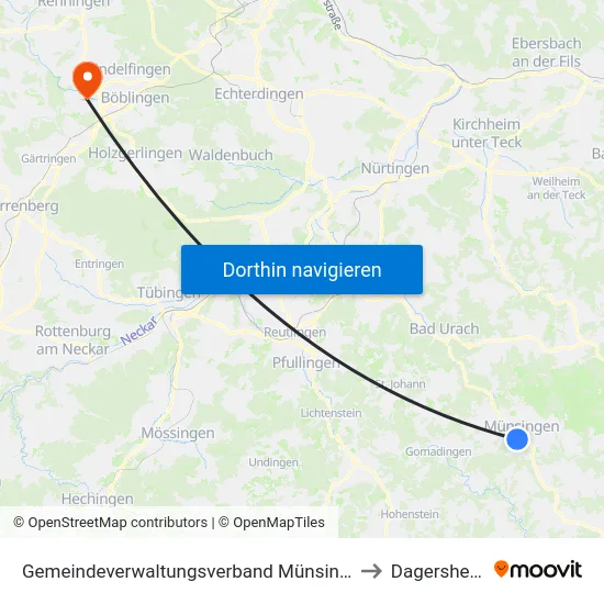 Gemeindeverwaltungsverband Münsingen to Dagersheim map