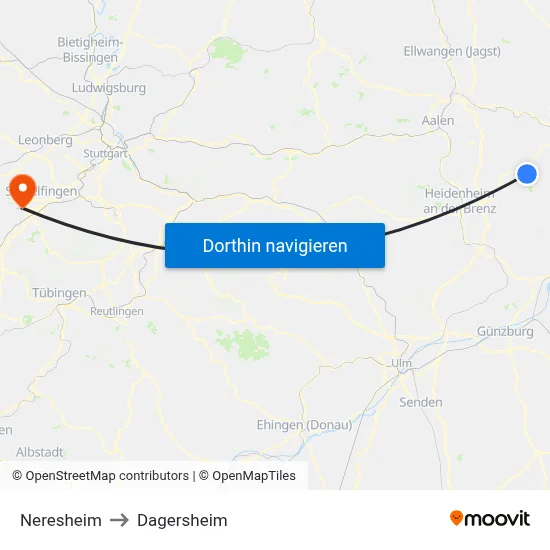 Neresheim to Dagersheim map
