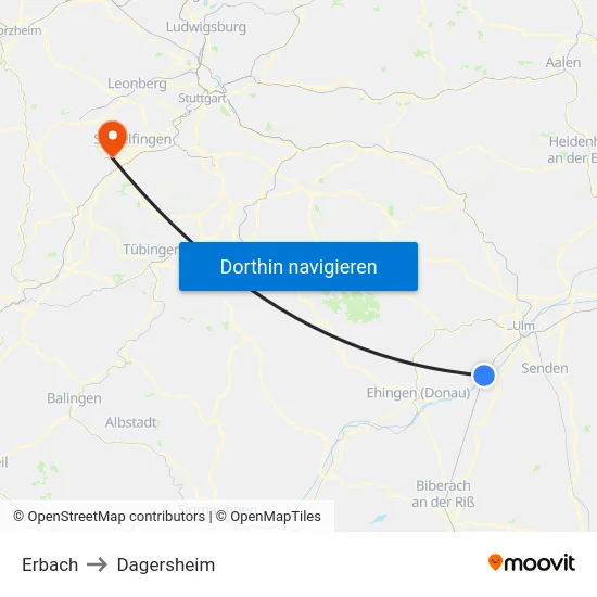 Erbach to Dagersheim map