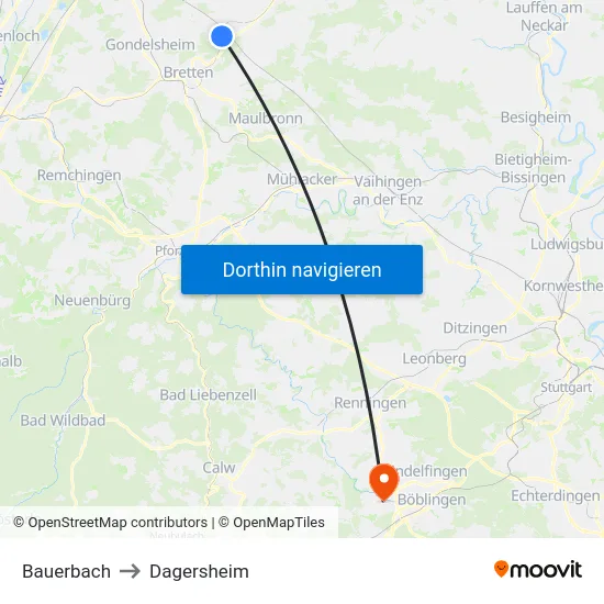 Bauerbach to Dagersheim map