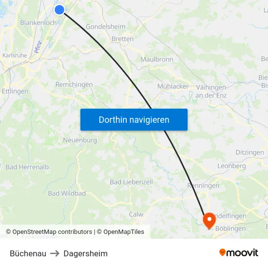 Büchenau to Dagersheim map