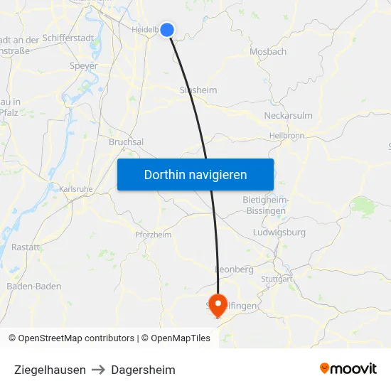 Ziegelhausen to Dagersheim map